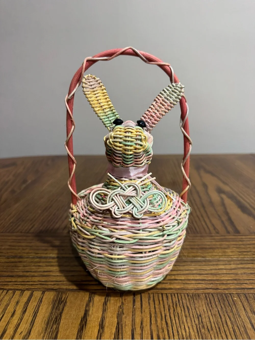 Woven Pastel Bunny Basket with pink, green, yellow & lavender eggs Easter decor